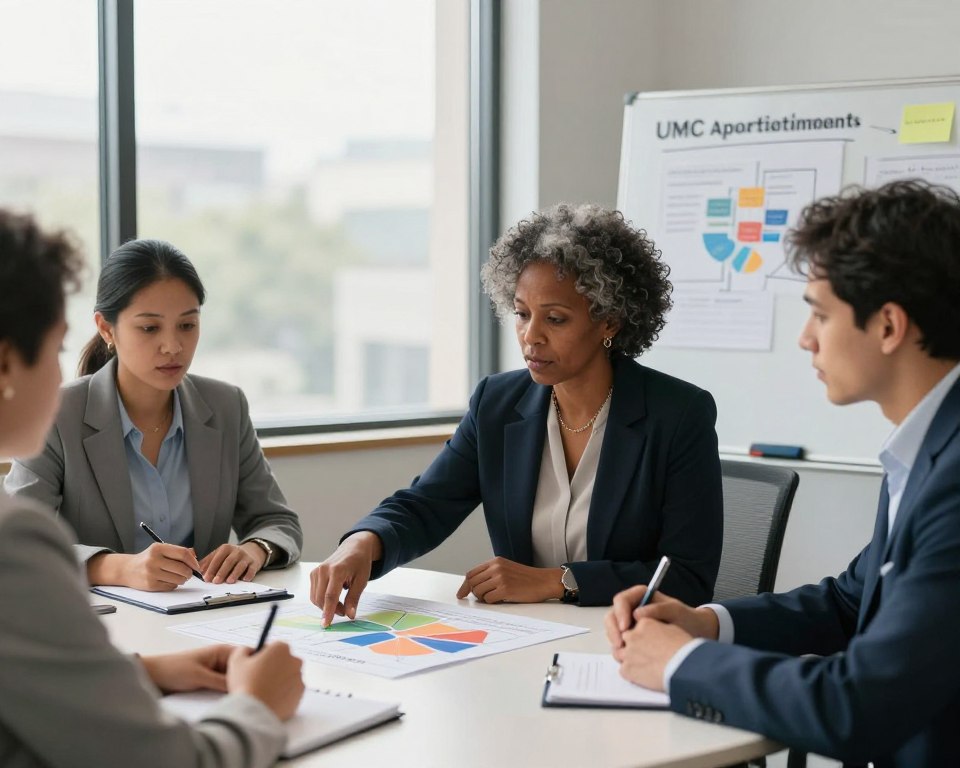 A professional office environment featuring a round table with diverse individuals engaged in a serious discussion about UMC apportionments. In the foreground, a mature Black woman in professional attire points to a color-coded chart displaying apportionment data, while a Hispanic man in a suit takes notes. The middle ground shows a large window with soft natural light filtering in, creating an inviting atmosphere. In the background, a whiteboard filled with diagrams and notes on misconceptions about apportionments adds context to the scene. The overall mood should be one of collaboration and concentration, suggesting an informative yet respectful discourse.