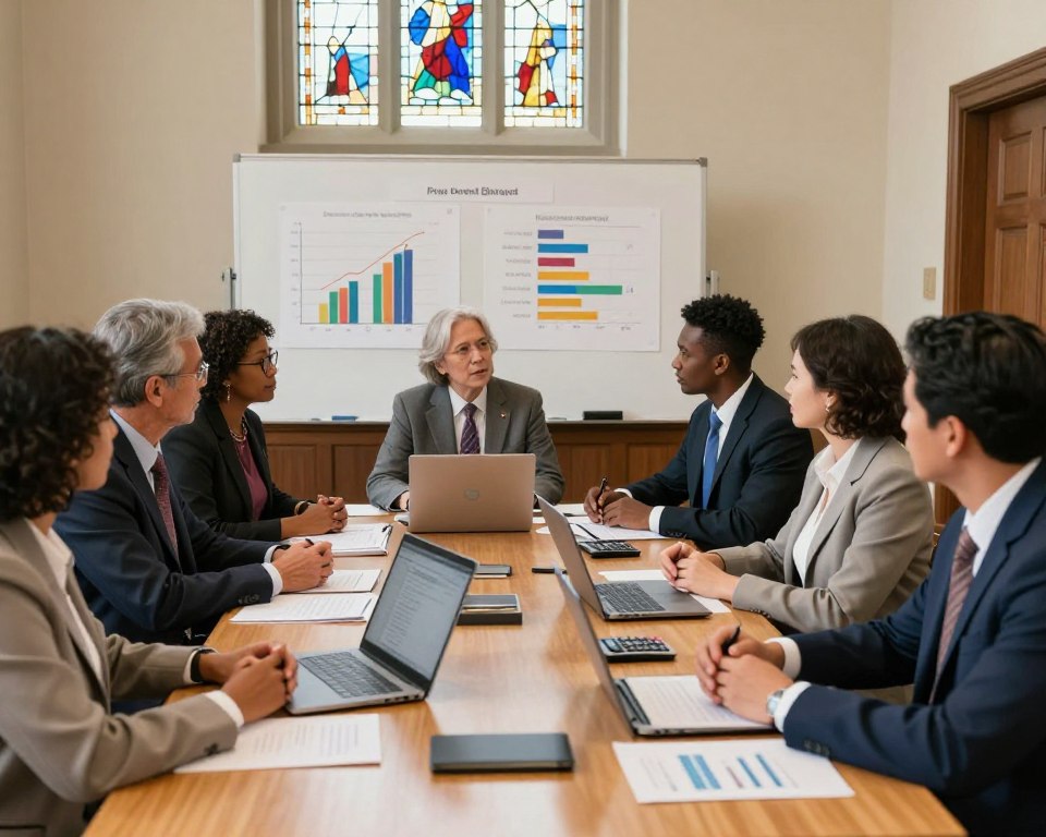 A professional setting inside a United Methodist Church, showcasing a collaborative budgeting meeting. In the foreground, a diverse group of individuals in professional business attire, including men and women of various ages and ethnicities, are seated around a large wooden table filled with financial documents, laptops, and calculators. The middle ground features a whiteboard with colorful graphs and charts illustrating church finance and apportionments. In the background, stained glass windows illuminate the space with soft, natural light, creating a warm and inviting atmosphere. The scene conveys a mood of cooperation and earnest discussion, emphasizing the impact of apportionments on local church finances, with a focus on community and transparency.