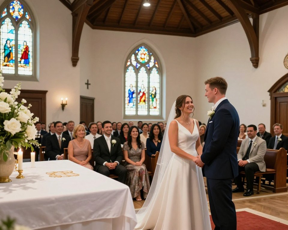 A serene Christian wedding ceremony set inside a United Methodist church, featuring a beautifully decorated altar with white flowers and candles. In the foreground, a bride in a modest white gown and a groom in a classic suit stand facing each other, holding hands with expressions of love and joy. In the middle ground, guests dressed in elegant attire are seated, smiling and sharing in the special moment. The church’s stained glass windows cast colorful light onto the scene, enhancing the atmosphere of warmth and reverence. In the background, the wooden beams of the ceiling create an intimate setting. Soft, natural lighting highlights the emotional connection between the couple, conveying a sense of celebration and community.