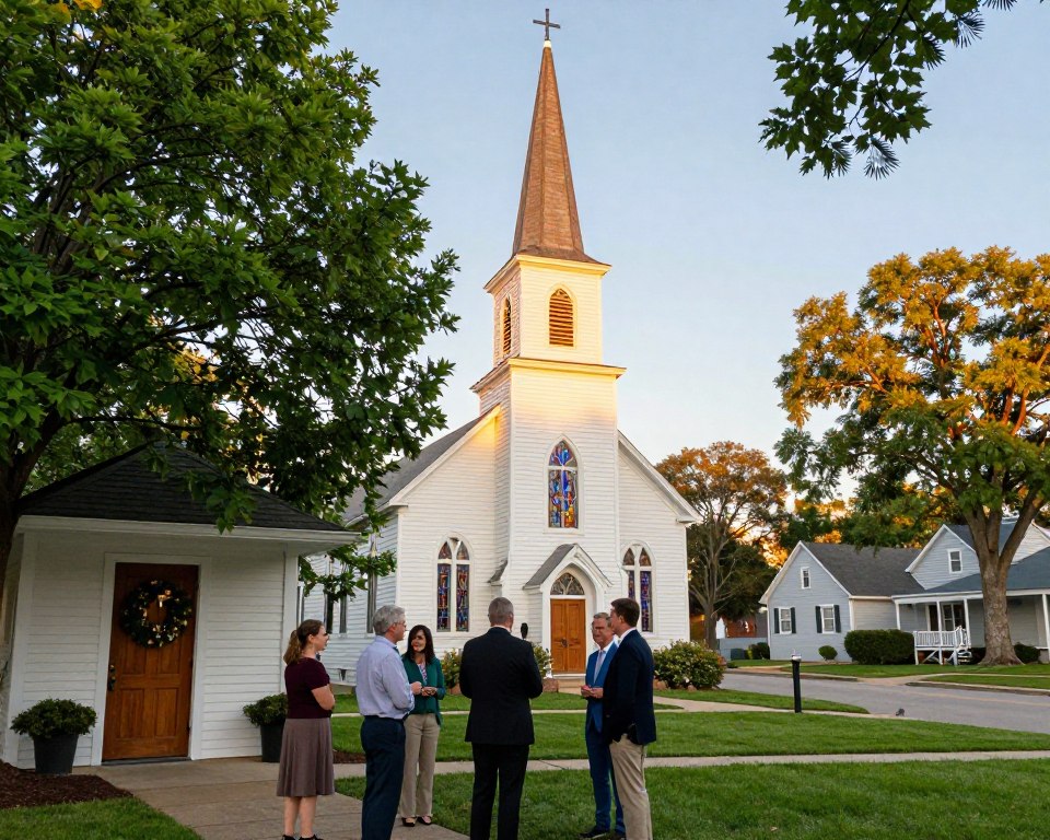 A serene Presbyterian Church PCA nestled in a vibrant local neighborhood, captured during golden hour. In the foreground, lush green trees frame the entryway, with a welcoming wooden door adorned with seasonal wreaths. In the middle, the church's classic architecture features a steeple reaching toward the sky, stained glass windows softly illuminated by the warm sunset light. People in professional business attire and modest casual clothing interact on the lawn, sharing smiles and greetings, embodying the sense of community. In the background, a tranquil neighborhood street lined with quaint houses adds to the atmosphere of warmth and unity. The overall mood conveys inclusiveness and spiritual growth, with soft, inviting lighting that enhances this community-focused scene.
