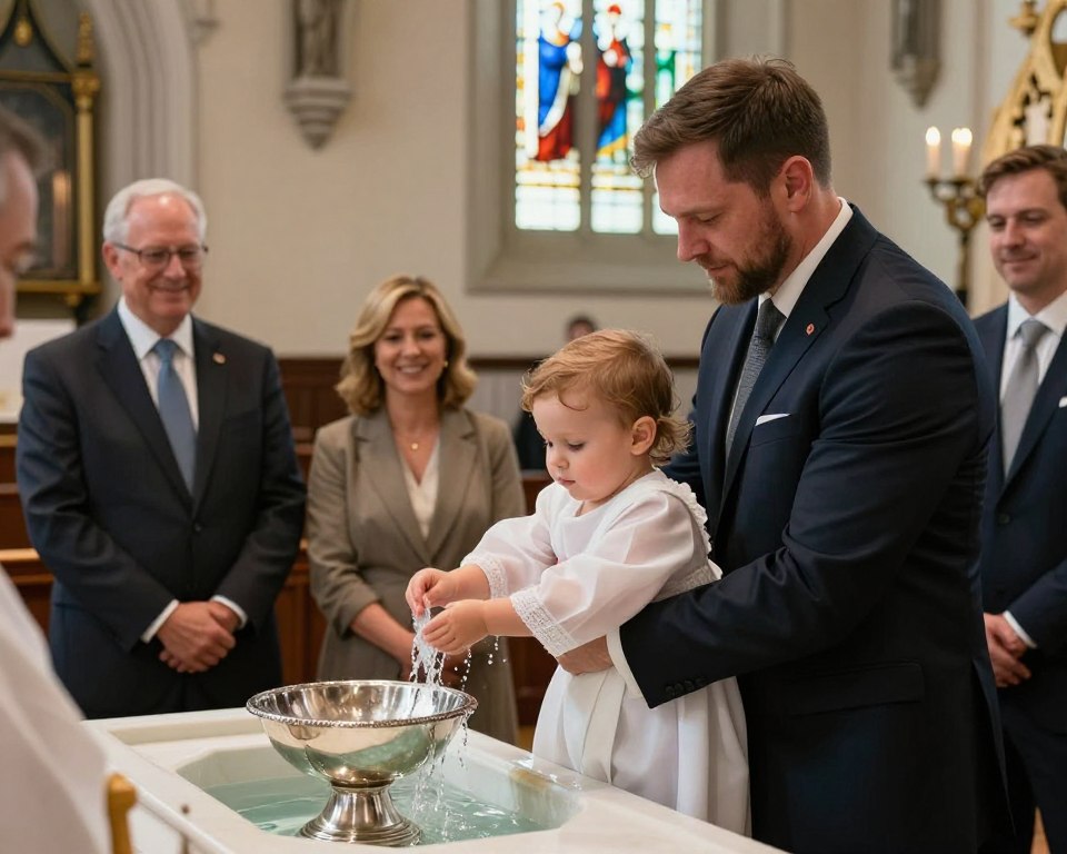 A serene Presbyterian church baptism ceremony taking place in the sanctuary. Foreground features a young child in a white baptismal gown being held by a solemn yet joyful minister in a dark suit, gently pouring water from a polished silver baptismal font. Middle ground includes attentive family members dressed in modest, professional attire, capturing the moment with warm smiles. The background showcases elegant stained glass windows filtering soft, colorful light into the space, enhancing the spiritual atmosphere. The scene is bathed in gentle, natural lighting that creates a peaceful ambiance, highlighting the significance of the ceremony. The angle is slightly elevated, capturing the intimate interactions and the beauty of the church setting.