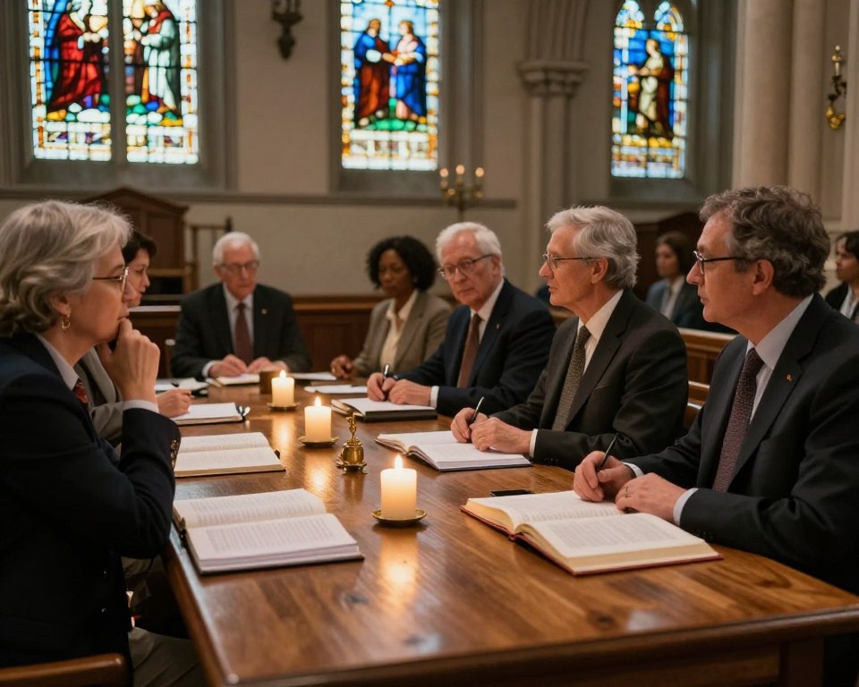 A serene Presbyterian church interior, emphasizing the depth of theology and education. In the foreground, a long, oak table is adorned with open theological texts, notebooks, and candles, casting a warm glow. The middle section features a diverse group of individuals in professional business attire, engaged in deep discussion and study. They exhibit thoughtful expressions, showcasing the spirit of learning and collaboration. The background reveals stained glass windows depicting biblical scenes, soft light streaming through, enhancing the atmosphere of reverence and contemplation. The overall mood is one of inspiration, reflection, and community, with a slight vignette effect to focus attention on the participants and their study materials.
