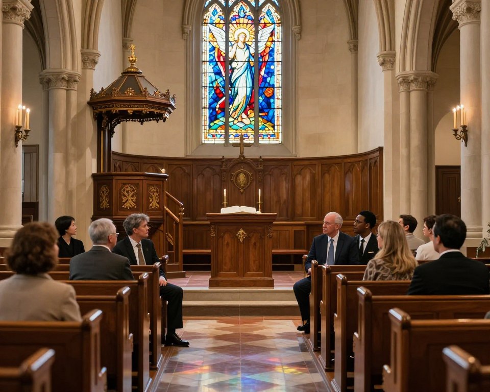 A serene Presbyterian church interior, featuring warm wooden pews and a stained-glass window depicting the Holy Spirit as a dove, vibrant and ethereal. In the foreground, a diverse group of individuals in professional attire, engaged in a thoughtful discussion, embody a sense of community and faith. The middle ground showcases an ornate pulpit with an open Bible, symbolizing the importance of scripture in theology. Soft, natural lighting filters through the stained glass, casting colorful reflections on the polished floor, creating an inviting, contemplative atmosphere. The background includes tall, symmetrical church architecture, adding depth and stability to the scene. The overall mood is one of reverence, unity, and enlightenment.
