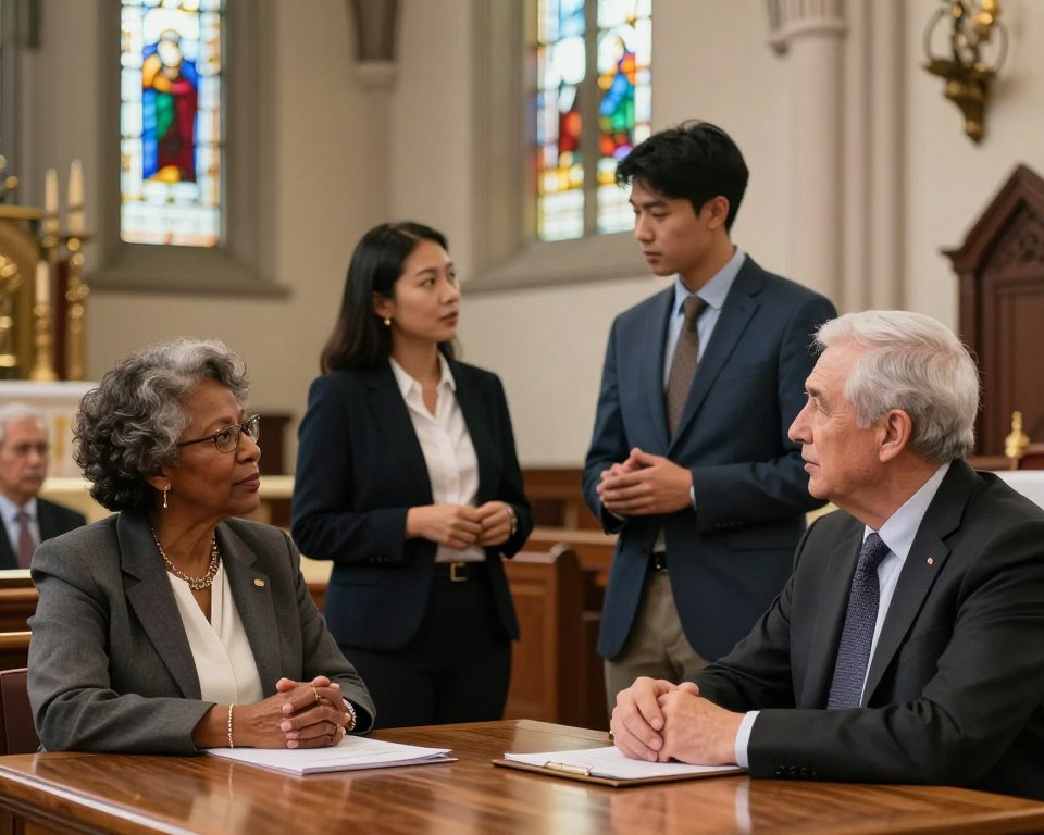 A serene Presbyterian church interior, showcasing a diverse group of elders and deacons engaged in a thoughtful discussion. In the foreground, a middle-aged Black woman and an older Caucasian man are seated at a polished wooden table, both wearing professional business attire, embodying leadership and collaboration. In the middle ground, a Hispanic woman and a young Asian man are standing, sharing ideas, their expressions reflective and attentive. The background features stained glass windows casting colorful light, enhancing the warm, inviting atmosphere. Soft, natural lighting illuminates the scene, with a shallow depth of field that brings focus to the leaders while lightly blurring the church's elegant architecture. The overall mood conveys unity, purpose, and community service, emphasizing the importance of church leadership roles.