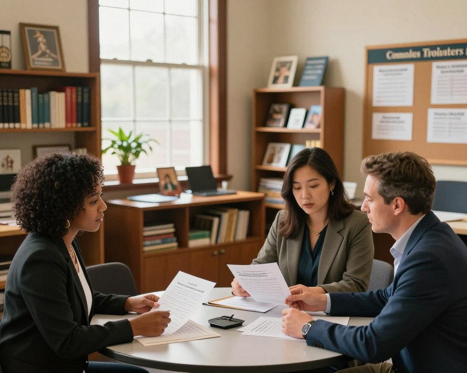 A serene Presbyterian church office setting, showcasing diverse church staff members engaged in discussions about compensation and benefits packages. In the foreground, two employees (one Black woman in business attire and one White man in smart casual clothing) are seated at a round table, reviewing documents and sharing ideas, their expressions professional and focused. The middle layer features a warm, inviting office with shelves filled with books and religious materials, a potted plant for a touch of greenery, and a large window allowing soft, natural daylight to illuminate the space. In the background, a bulletin board displays community events and announcements, promoting a sense of engagement and outreach. The atmosphere is collaborative and thoughtful, with warm lighting adding to the professional yet friendly vibe.