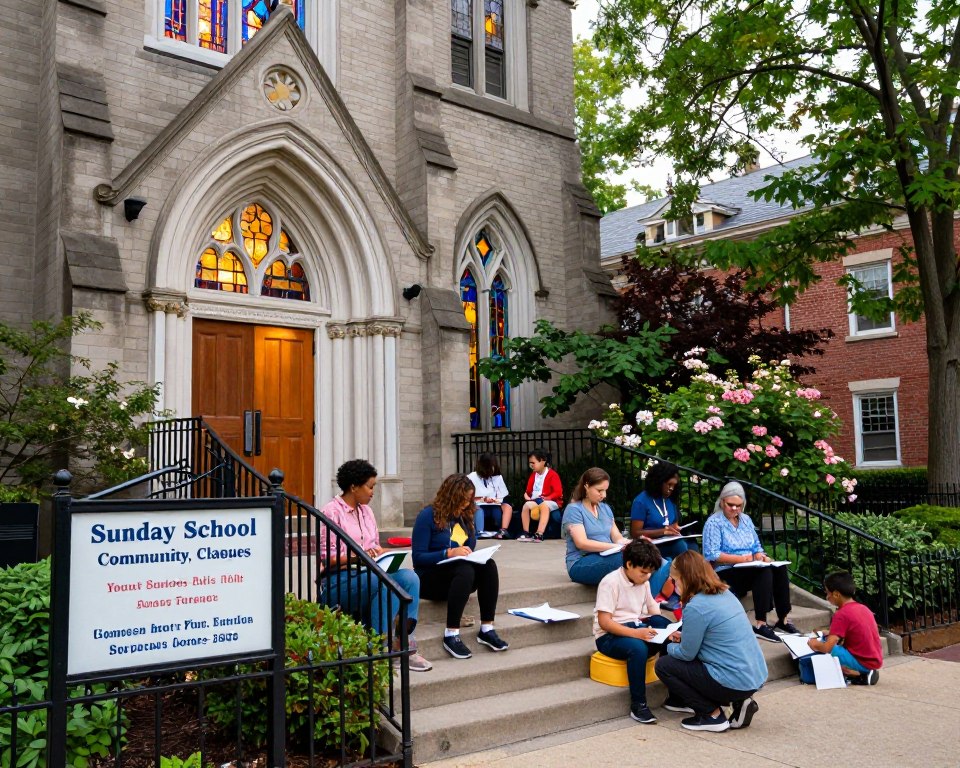 A serene Presbyterian church set in a vibrant Washington, DC neighborhood, with educational programs highlighted. In the foreground, a warm and inviting church entrance featuring stained glass windows and a welcoming sign showing various educational offerings, like Sunday school and community classes. The middle ground reveals groups of diverse adults and children engaged in learning activities on the church steps, wearing modest casual clothing. In the background, leafy trees and flowering shrubs provide a peaceful setting. Soft, natural lighting illuminates the scene, creating a warm and inspiring atmosphere. The angle is slightly elevated, capturing the church's architecture and the community's active participation in educational programs, conveying a sense of togetherness and growth.