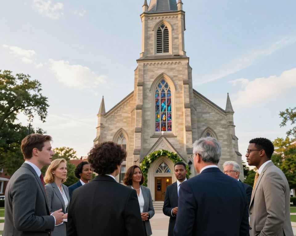 A serene Presbyterian church setting in Kansas City, emphasizing its traditional architecture with a tall steeple and stained glass windows. In the foreground, a diverse group of individuals in professional business attire engages in discussion, symbolizing inclusion and dialogue on social issues. In the middle ground, the church’s entrance is adorned with peaceful greenery, reflecting the welcoming nature of the congregation. The background features a soft, blue sky with gentle sunlight filtering through, creating a warm and inviting atmosphere. Use a slightly elevated angle to capture the scene, with a focus on the people and the church, conveying a sense of community and thoughtful engagement in a socially conscious context.