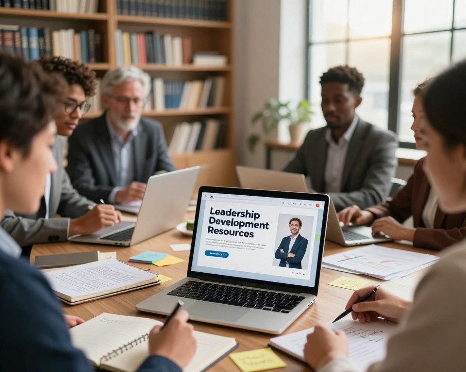 A serene and inspiring workspace illustrating "Leadership Development Resources". In the foreground, an open laptop displays an engaging online course on leadership, surrounded by notepads and colorful sticky notes filled with ideas. In the middle ground, there are diverse individuals in professional business attire engaged in discussion and collaborative brainstorming, conveying teamwork and growth. The background features a bookshelf filled with leadership books and resources, enhancing the academic atmosphere. The lighting is warm and inviting, with soft natural light streaming in through a large window, creating a positive and motivating environment. The overall mood is focused, encouraging, and uplifting, reflecting the journey of leadership development within a supportive community.
