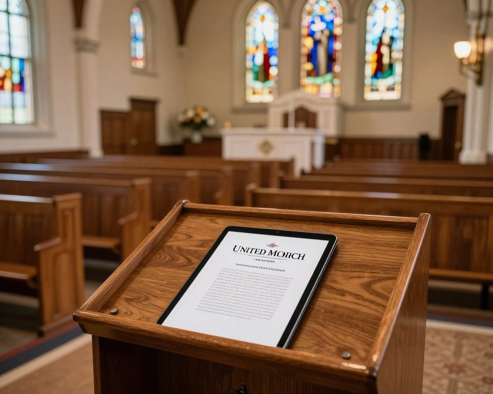 A serene and inviting United Methodist Church interior, showcasing polished wooden pews and stained glass windows casting colorful light onto a large, open space. In the foreground, a detailed view of a wooden lectern holding an official United Methodist Church Book of Discipline in PDF format displayed on a tablet or laptop. Soft, warm lighting enhances the atmosphere, creating a sense of peace and contemplation. In the background, subtle hints of church decor, such as floral arrangements and religious symbols, add depth to the scene. The mood is reflective and respectful, emphasizing the significance of church policies and guidelines within the community.