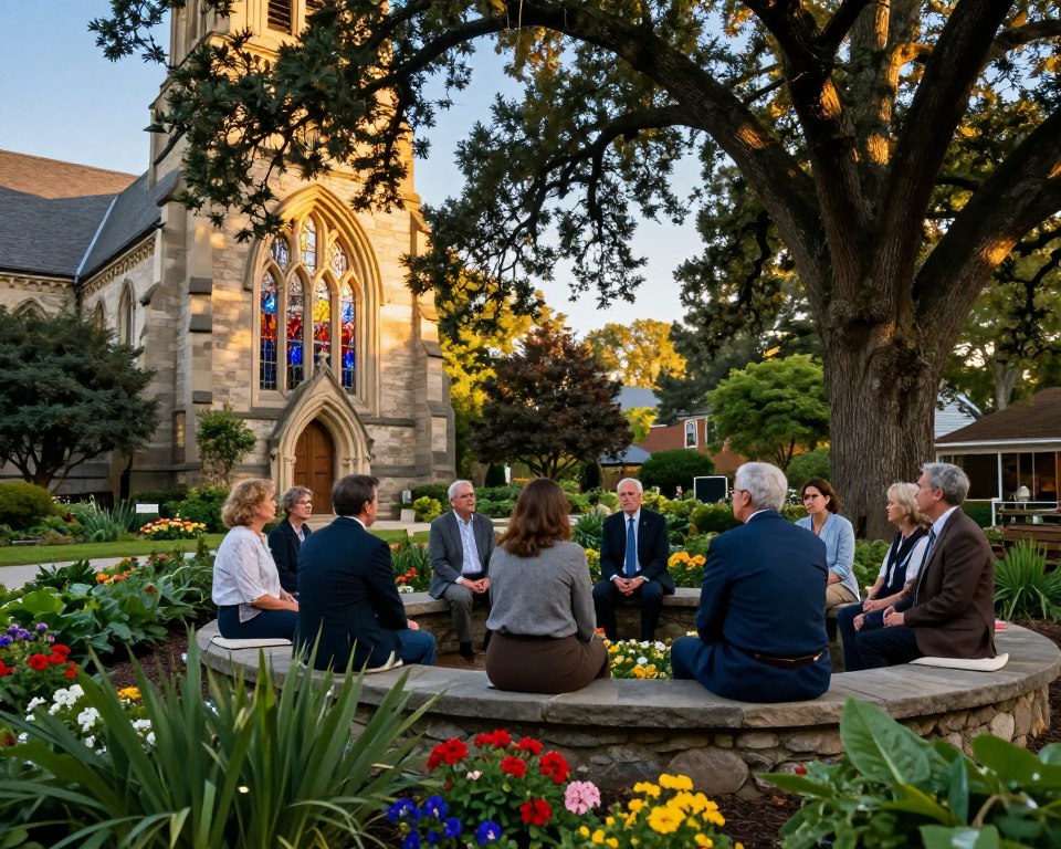 A serene and inviting church garden in Asheville, with lush greenery and vibrant flowers in the foreground, symbolizing spiritual growth. In the middle ground, a diverse group of individuals in professional business attire and modest casual clothing are engaged in conversation and reflection, seated on stone benches beneath a large oak tree. The background features the charming architecture of a Presbyterian church, with stained glass windows softly illuminated by golden sunlight. The sky is a clear blue gradient, enhancing the peaceful atmosphere. The mood is uplifting and reflective, emphasizing connection and personal development in a supportive community. Capture the essence of growth, harmony, and spiritual exploration.