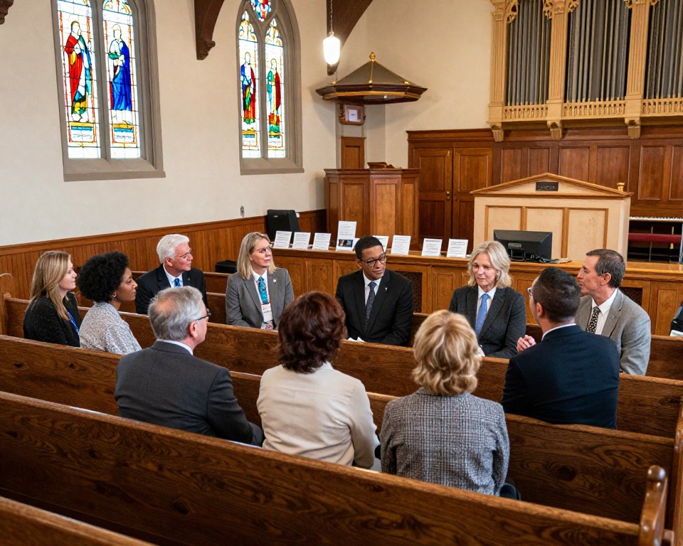 A serene and inviting interior of a PCUSA Presbyterian church. In the foreground, a diverse group of people dressed in professional business attire and modest casual clothing, discussing and engaging warmly with one another, symbolizing community and fellowship. The middle layer features a beautifully decorated fellowship hall with stained glass windows casting colorful light, wooden pews, and a welcoming information desk with brochures about church membership. In the background, the church sanctuary is softly illuminated, displaying a traditional pulpit and an organ, enhancing the sense of spiritual atmosphere. The lighting is bright yet warm, creating an inviting and hopeful mood. The angle is slightly elevated, capturing the essence of community engagement while emphasizing the church's welcoming nature.