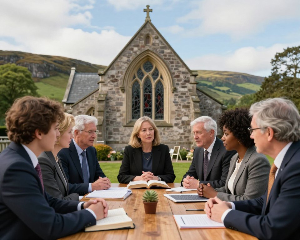 A serene and inviting scene depicting the Presbyterian Church of Scotland's commitment to education and discipleship. In the foreground, a group of diverse individuals, dressed in professional business attire, engage in thoughtful discussions around an open Bible and educational materials on a wooden table. In the middle, a picturesque, historic church building with stone arches and stained glass windows can be seen, symbolizing a rich heritage of faith and learning. The background features lush green landscapes typical of Scotland, with rolling hills and a clear blue sky. Soft, warm lighting creates a calm and inspirational atmosphere, capturing the essence of community and spiritual growth. The image should emphasize a sense of unity and purpose, reflecting the values of education within the church.