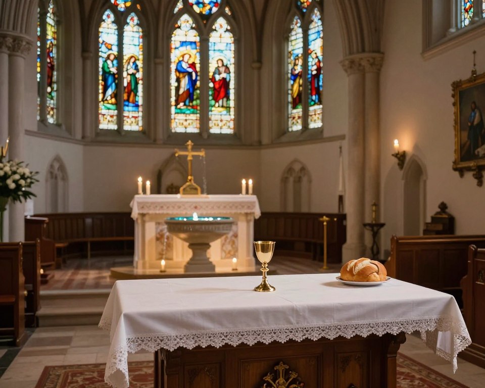 A serene and reverent Presbyterian church interior, showcasing the elements of the sacraments. In the foreground, a beautiful wooden table laid with a white linen cloth, holding a chalice and freshly baked bread, symbolizing Communion. In the middle ground, a softly lit area featuring a baptismal font with water glistening, surrounded by candles emitting warm, gentle light. The background shows stained glass windows depicting biblical scenes, filling the space with colorful light. The atmosphere is peaceful and contemplative, with a hint of divine presence. Shot with a wide-angle lens to capture the grandeur and intimacy of the setting, with soft, diffused lighting enhancing the spiritual mood.