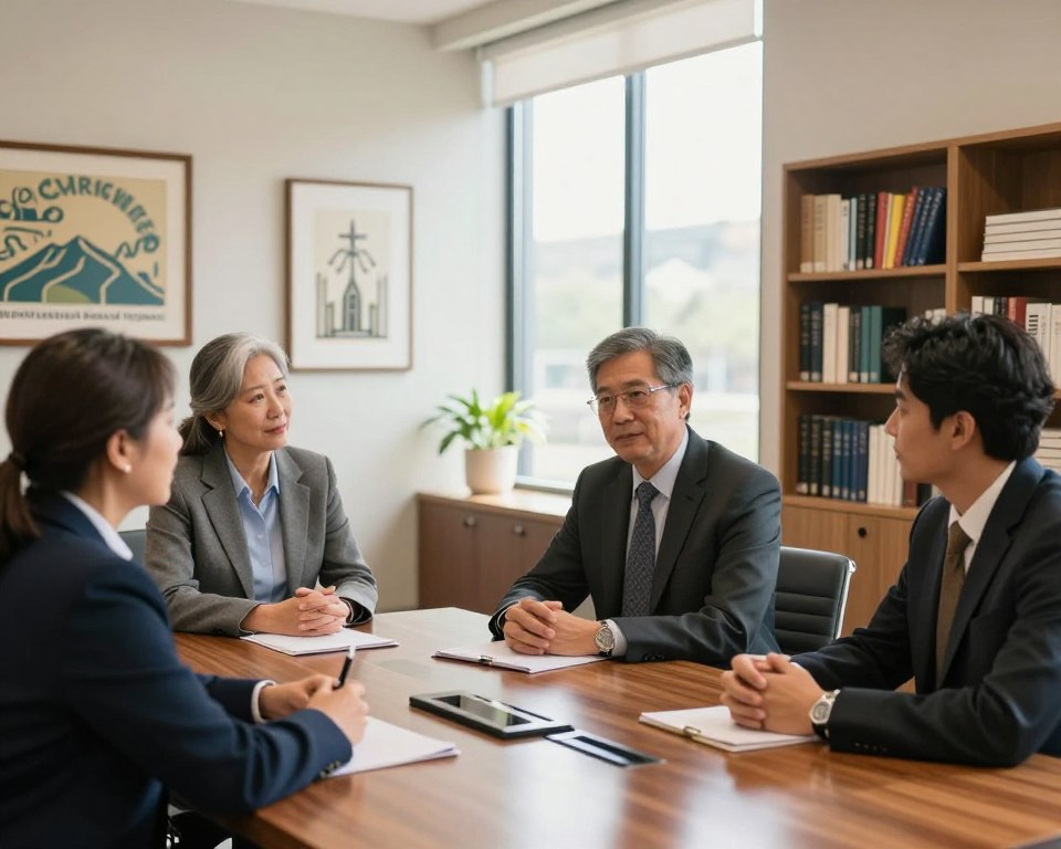 A serene and supportive atmosphere within a modern office setting of the Presbyterian Church Board of Pensions. In the foreground, a diverse group of three professionals—two men and one woman—all dressed in smart business attire, engaged in a collaborative discussion around a polished wooden conference table. In the middle ground, a wall adorned with church-related artwork and a large window allowing soft, natural sunlight to illuminate the room. In the background, shelves filled with books and resources related to church benefits and retirement plans, creating an inviting and resourceful environment. The scene conveys a mood of collaboration, care, and dedication to supporting churches and their leaders throughout their retirement journeys. The image is captured with a soft focus to enhance the warm ambience.