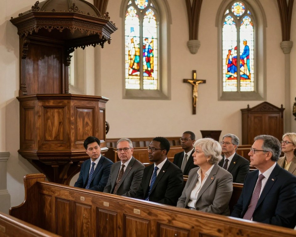 A serene church interior depicting a Presbyterian Reformed church, emphasizing a beautiful wooden pulpit adorned with rich, dark oak tones. In the foreground, a small group of diverse individuals in professional business attire engage in a thoughtful discussion, their expressions reflecting a sense of unity and purpose. The middle ground features rows of elegant pews with light streaming through stained glass windows, illuminating the space with colorful, warm hues. The background shows a large cross mounted on the wall, symbolizing faith and reflection. The atmosphere is calm and contemplative, with soft, natural light enhancing the sense of reverence and community. The image is captured with a wide-angle lens, offering a warm, inviting perspective.