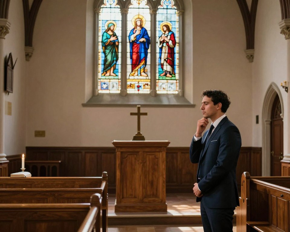 A serene church interior reflecting Presbyterian beliefs in predestination, featuring a beautiful stained glass window casting colorful light across a peaceful sanctuary. In the foreground, a thoughtful individual in professional business attire stands in prayer, their expression contemplative, symbolizing spiritual growth. The middle ground showcases wooden pews and a simple pulpit, emanating a sense of warmth and reverence. In the background, soft light filters through the window, illuminating elements of faith like a Bible and a lit candle, creating a tranquil and hopeful atmosphere. The composition should be captured with a wide-angle lens, emphasizing depth and inviting viewers into the scene, while maintaining a harmonious balance of light and shadow.