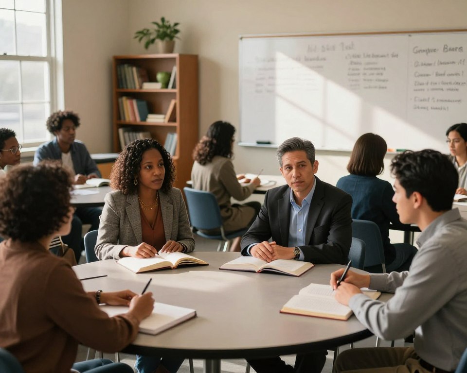 A serene classroom setting within a United Methodist Church in Georgia, showcasing a diverse group of adult learners engaged in a discussion. In the foreground, a Black woman and a Hispanic man, both dressed in professional attire, sit at a circular table with open books and notebooks. The middle layer features a whiteboard with handwritten notes and a window letting in warm, natural light, casting gentle shadows. In the background, shelves filled with books and plants enhance the educational atmosphere. The scene conveys a mood of community, learning, and spiritual growth, inviting viewers to connect with the concept of adult education and discipleship programs. The composition is captured with a wide-angle lens, enhancing depth and focus on the interactions taking place.