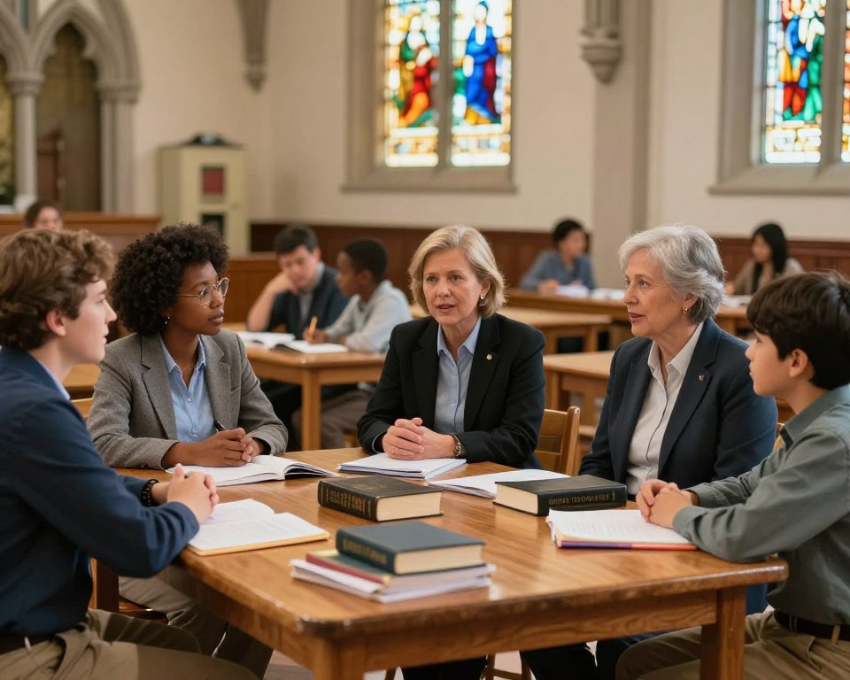 A serene classroom setting within a church environment dedicated to Christian education programs. In the foreground, a diverse group of adults and children, dressed in professional business attire and modest casual clothing, engage in a lively discussion, surrounded by books and educational materials. The middle ground features a large wooden table adorned with a stack of Bibles and study guides, emphasizing fellowship and learning. In the background, stained glass windows filter warm, colorful light into the space, creating a vibrant yet peaceful atmosphere. The scene is captured at eye level with a soft focus on the subjects, highlighting their expressions of curiosity and engagement, conveying a sense of community and spiritual growth. The overall mood is uplifting and inspiring, ideal for educational opportunities at the church.