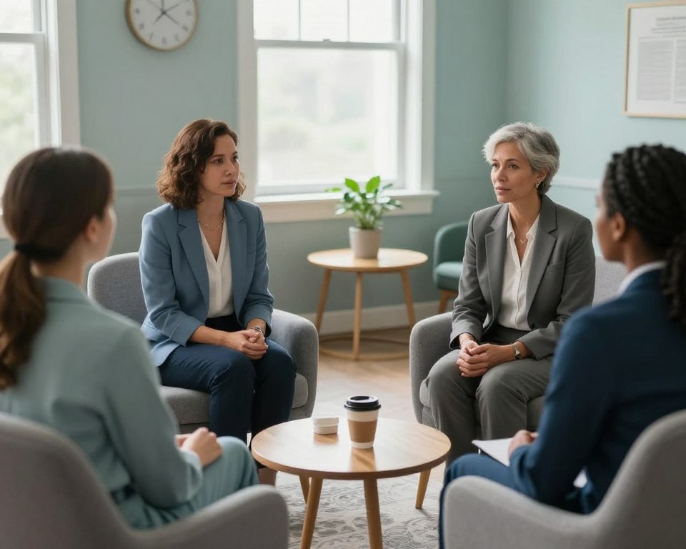 A serene counseling room designed for support services within a Presbyterian community in Tuscaloosa. In the foreground, a diverse group of three individuals—two women and one man, dressed in professional business attire—engaged in a supportive conversation. The middle ground features a comfortable seating area with soft, inviting chairs and a table adorned with a few comforting items like a plant and a coffee cup. The background showcases a window with soft, natural light streaming in, illuminating the room and creating a warm, inviting atmosphere. The color palette includes calming blues and greens to evoke feelings of tranquility. The overall mood is one of compassion, understanding, and community support.