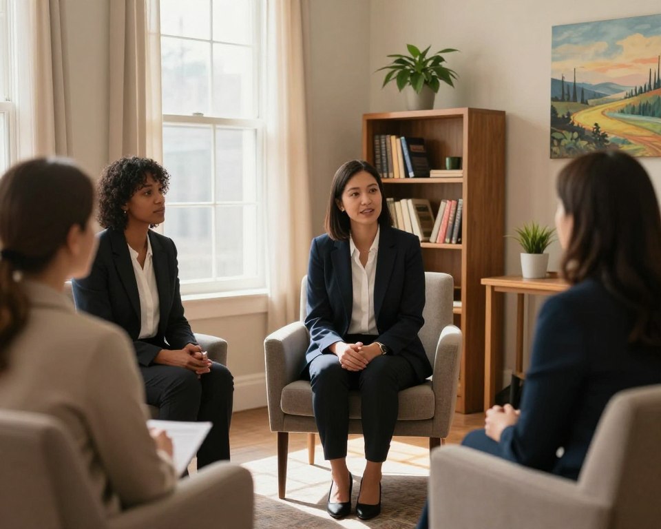 A serene counseling room in a Raleigh, NC Presbyterian Church setting, with a warm and inviting atmosphere. In the foreground, two professional counselors, a man and a woman, both dressed in smart business attire, are seated on comfortable chairs, engaged in a compassionate conversation with a client. The middle layer features soft, natural light filtering through a window adorned with sheer curtains, casting gentle shadows and highlighting the wooden bookshelf filled with spiritual literature and a few plants. In the background, a calming artwork depicting a peaceful landscape hangs on the wall, further enhancing the supportive ambiance. The overall mood is one of comfort, hope, and healing, creating an encouraging space for those seeking counseling and support.