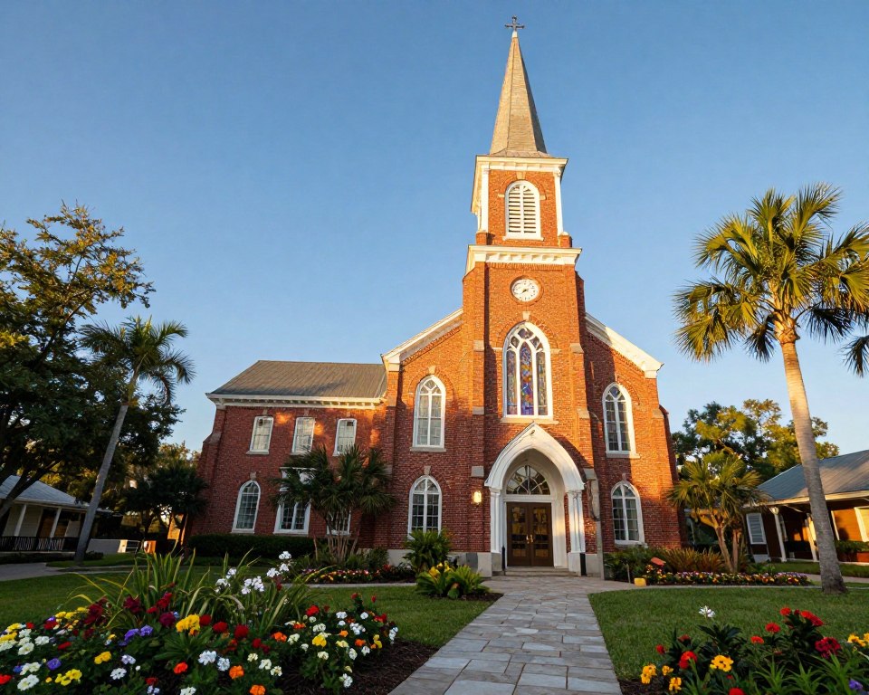 A serene image of the Presbyterian Church campus in Venice, Florida, showcasing its charming architecture. In the foreground, a well-manicured garden with vibrant flowers and a stone pathway leading to the entrance. The middle features the church building itself, characterized by classic red brick, tall steeple, and large stained-glass windows. A welcoming atmosphere is created with sunlight gently illuminating the façade, casting soft shadows. In the background, a clear blue sky complements the lush greenery surrounding the church, with palm trees swaying slightly in a light breeze. The scene evokes a sense of peace and community, perfect for a place of worship. Shot during golden hour for warm, inviting lighting. No people are present.
