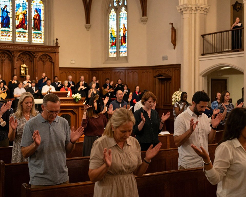 A serene interior of a PCA church during worship service, capturing a diverse congregation engaged in heartfelt worship. In the foreground, a group of individuals in modest casual clothing stands, their hands raised in praise, reflecting a sense of unity and devotion. In the middle ground, a beautifully crafted wooden pulpit is adorned with a simple floral arrangement, while the choir is softly visible, joining in harmonious song. The background features stained glass windows that bathe the scene in warm, colorful light, enhancing the spiritual atmosphere. The lighting is soft and inviting, reminiscent of a late afternoon, creating a tranquil and uplifting mood. The angle is slightly elevated, allowing for a wide view of both the congregation and the architectural beauty of the church, emphasizing the warmth and community of PCA worship.