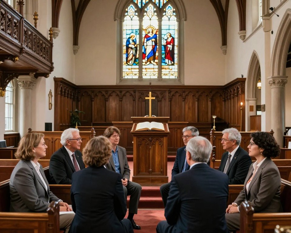 A serene interior of a traditional Presbyterian Reformed church, showcasing a beautiful wooden sanctuary filled with natural light streaming through stained glass windows depicting biblical stories. In the foreground, a group of diverse individuals dressed in professional business attire engage in a thoughtful discussion, symbolizing unity and shared beliefs. The middle ground reveals a pulpit with a Bible opened prominently, illustrating the importance of Scripture. In the background, rows of pews and the church's characteristic architectural features, such as a high ceiling and intricate woodwork, create a warm and inviting atmosphere. Soft, natural lighting enhances the peaceful mood, highlighting the sense of community and reflection within the space.