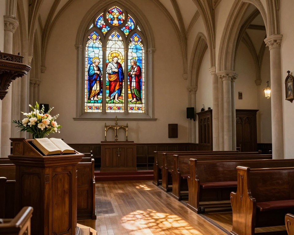 A serene interior of a traditional Presbyterian church, featuring a large stained glass window depicting biblical scenes like the Good Shepherd and the Last Supper in vibrant colors. In the foreground, a wooden pulpit is adorned with a Bible and fresh flowers, symbolizing life and faith. In the middle ground, rows of polished pews invite worshippers to sit, while delicate light filters in through the stained glass, casting colorful patterns on the wooden floor. The background showcases gentle arches and vaulted ceilings, enhancing the sense of reverence and spirituality. Soft, warm lighting creates a peaceful and contemplative atmosphere, perfect for exploring the tenants of Presbyterian theology. The scene is devoid of people to keep the focus on the architectural beauty and symbolic elements.