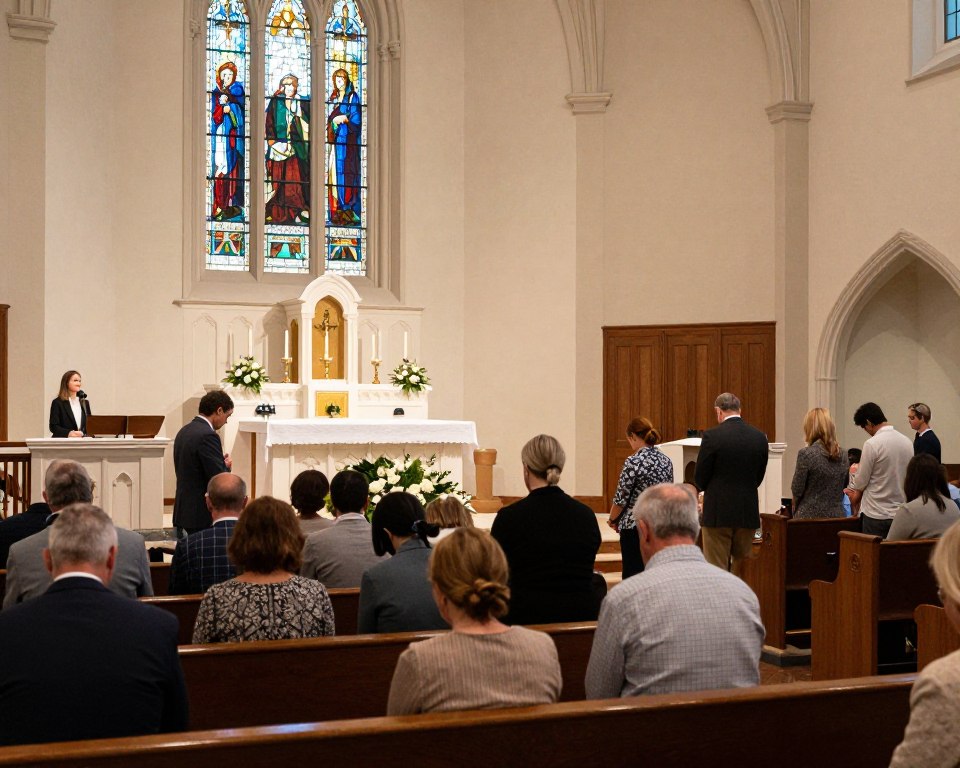 A serene interior view of a United Methodist Church in Wichita, KS, focusing on a worship service in progress. In the foreground, a diverse group of congregants in professional business attire and modest casual clothing are engaged in worship activities, with some seated in pews and others standing with heads bowed. The middle space features a beautifully adorned altar with candles and floral arrangements, showcasing the church's welcoming atmosphere. The background captures stained glass windows filtering soft, colorful light, illuminating the room and creating a peaceful ambiance. The scene is warmly lit, evoking a sense of community and spirituality, taken from a slightly elevated angle to encompass the congregation and the altar in harmony.