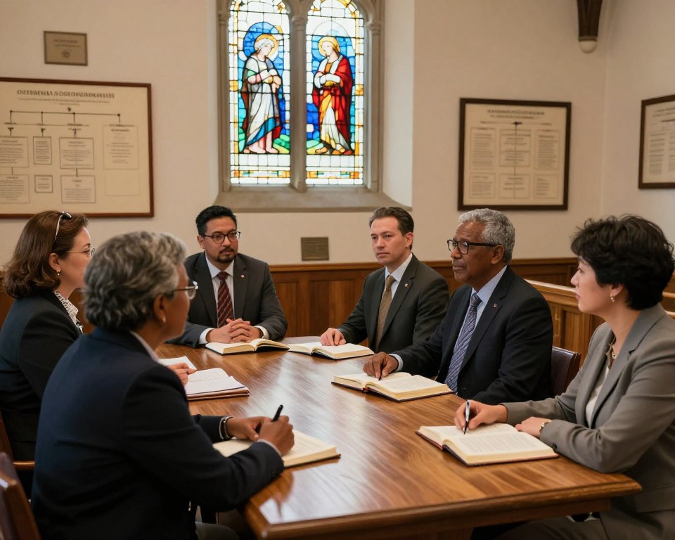 A serene interior view of a traditional Presbyterian church governance meeting in progress. In the foreground, a diverse group of five professionals in business attire, including men and women of various ethnicities, are seated around a wooden table, deeply engaged in discussion, with open Bibles and notebooks in front of them. The middle ground features an ornate stained-glass window depicting biblical scenes, casting colored light onto the participants. In the background, church organizational charts and framed documents highlighting governance structures are displayed on the walls. Soft, warm lighting fills the room, creating an atmosphere of unity and collaboration, while an angled perspective adds depth, ensuring the focus remains on the engaging discussion among church leaders.