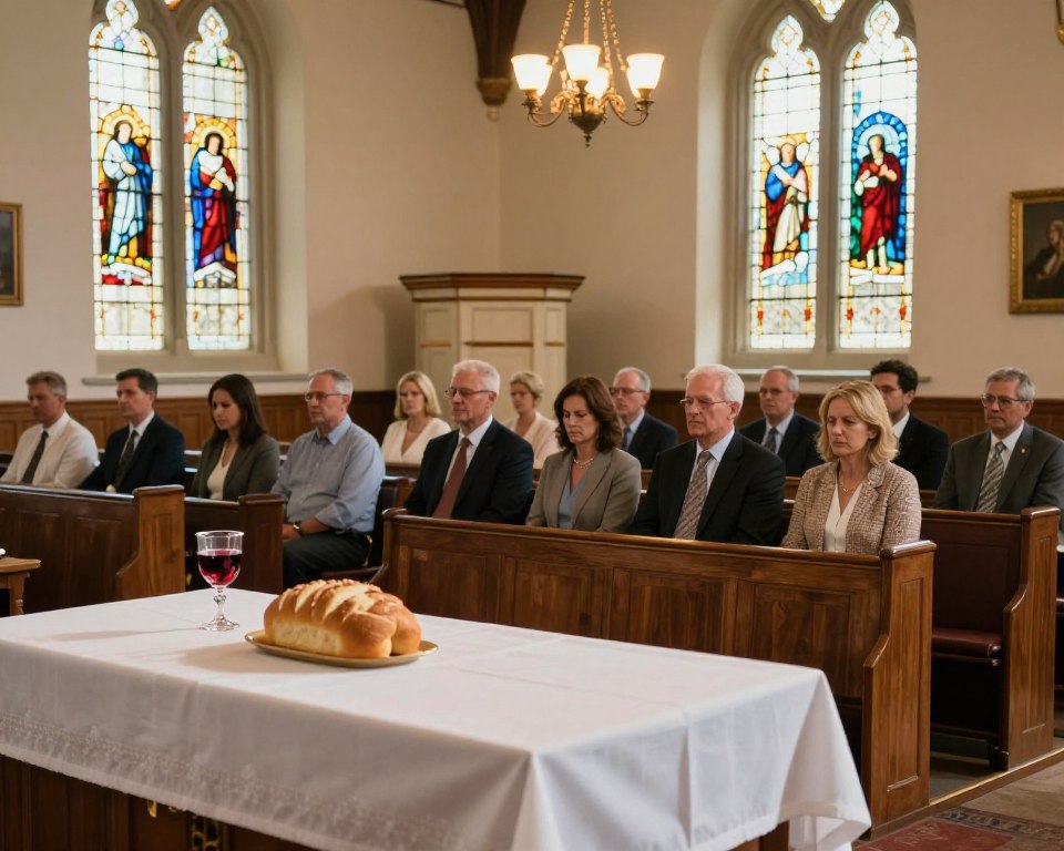 A serene interior view of a traditional Presbyterian church in the USA, focusing on the prominent elements of the sacraments. In the foreground, a beautifully arranged communion table adorned with a white linen cloth, a loaf of bread, and a cup of wine conveys the sacrament of communion. The middle section features a small congregation of diverse men and women dressed in professional and modest casual attire, engaged in reflection and prayer. Soft, warm light spills in from stained glass windows depicting biblical scenes, casting colorful patterns on the wooden pews. In the background, a simple yet elegant pulpit stands as a focal point under a softly lit chandelier, contributing to an atmosphere of reverence and community. The overall mood is peaceful and contemplative, ideal for illustrating the significance of sacraments in the Presbyterian faith.