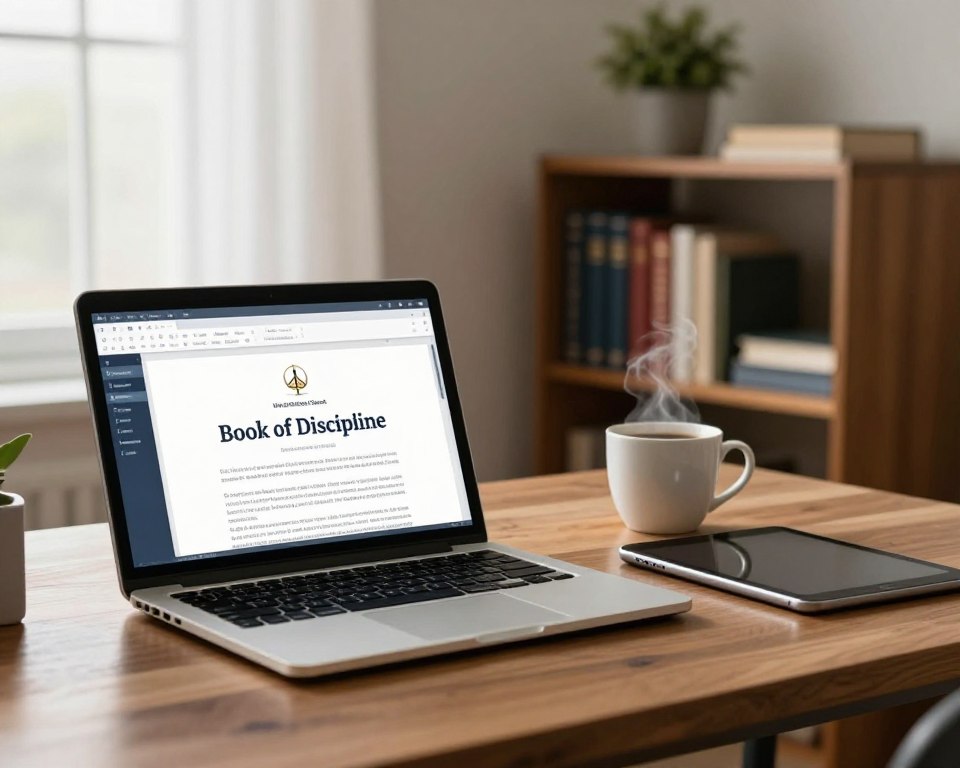 A serene office space with a wooden desk in the foreground, showcasing an open laptop displaying a PDF viewer with the United Methodist Church Book of Discipline on screen. To the side, a sleek tablet lies next to a steaming cup of coffee. In the middle ground, a bookshelf filled with theological texts and a small plant adds a touch of warmth. The background features a soft-lit window with light filtering through sheer curtains, creating a calm and inviting atmosphere. The overall mood is professional and contemplative, emphasizing accessibility and the act of downloading important church literature. Capture the image using soft lighting, with a focus on detail, while maintaining a clean and organized composition.