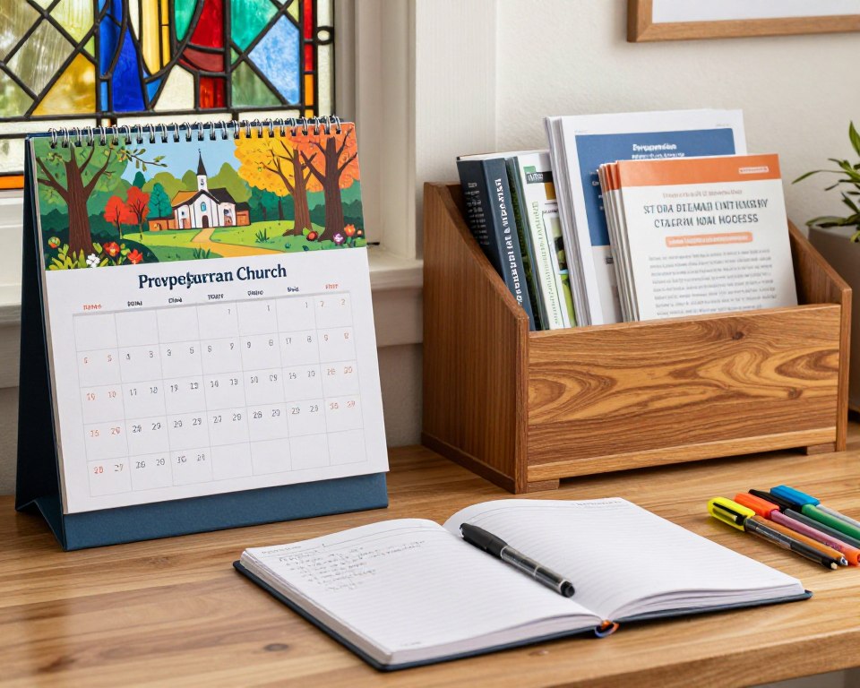 A serene, organized desk scene depicting resources for the Presbyterian Church calendar, with a beautifully designed wall calendar featuring vibrant seasonal illustrations. In the foreground, an open planning notebook filled with handwritten notes beside a neatly arranged set of colored pens and highlighters. In the middle ground, a wooden bookshelf with well-organized resources: books about church events, pamphlets, and community outreach guides. In the background, a softly lit stained glass window casting colorful patterns onto the desk, creating a warm and inviting atmosphere. The overall mood should be one of tranquility and productivity, suitable for a church office setting. Natural lighting enhances the colors and textures, creating a sense of inspiration and organization.