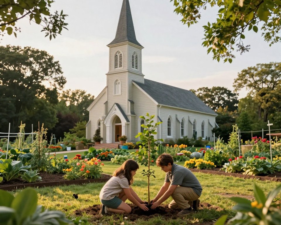 A serene scene depicting a United Methodist Church surrounded by lush greenery, symbolizing environmental stewardship. In the foreground, a family dressed in modest casual clothing plants a small tree, expressing hope and commitment to nature. In the middle ground, the church stands gracefully, its architectural details highlighted by warm sunlight filtering through the leaves, creating a welcoming aura. The background features a vibrant community garden, flourishing with colorful flowers and vegetables, illustrating collaboration and care for the environment. Soft, golden hour lighting enhances the peaceful atmosphere, emphasizing a sense of harmony between faith and nature, conveying a message of empowerment and responsibility towards contemporary issues. A wide-angle view captures the entire scene, inviting viewers into this harmonious setting.