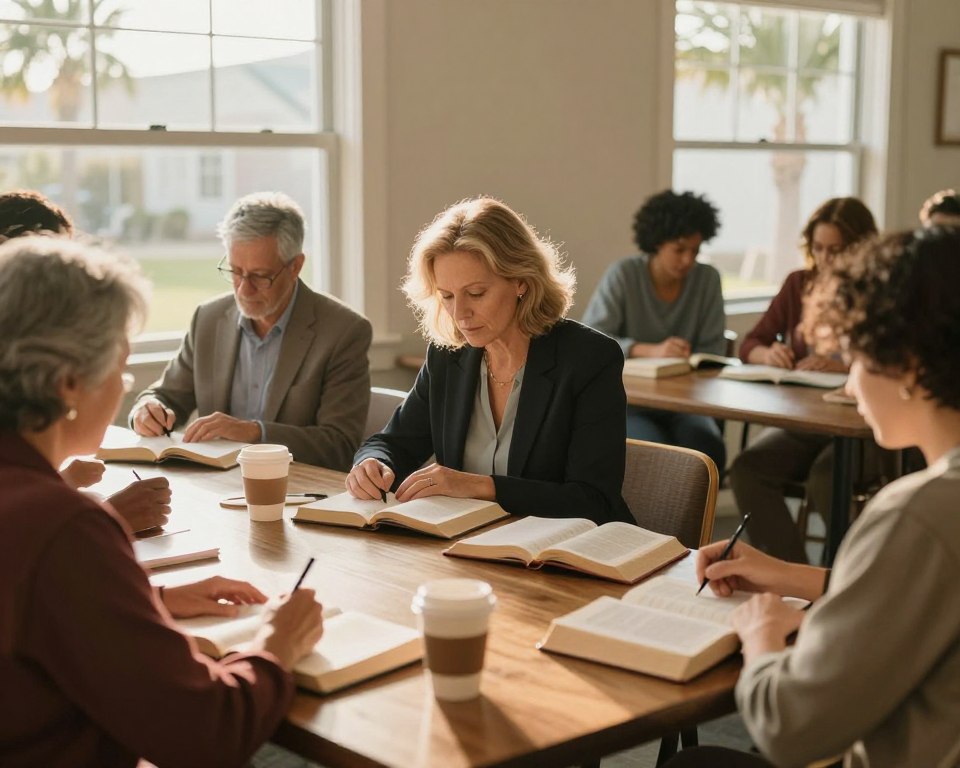 A serene scene depicting a group of diverse individuals engaged in a Bible study session within a cozy, sunlit room at Myrtle Beach Presbyterian Church. In the foreground, a table is adorned with open Bibles, notebooks, and cups of coffee, showcasing an intimate atmosphere of fellowship. The middle ground features several people of varying ages and backgrounds, dressed in professional business attire or modest casual clothing, studying together, focused and engaged. The background reveals large windows that let in warm, golden light, with subtle views of palm trees swaying gently outside, symbolizing both grounding and spiritual growth. The overall mood is warm, inviting, and uplifting, emphasizing the theme of community and education in a church setting.