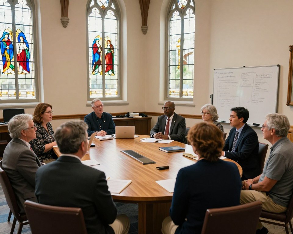 A serene setting depicting the interior of Fredericksburg Presbyterian Church during an adult education session. In the foreground, a group of diverse adults engaged in a discussion, dressed in professional business attire or modest casual clothing. The middle ground features a wooden table with educational materials like books, notepads, and a whiteboard with notes. The background showcases tall stained-glass windows casting soft, colorful light into the space, enhancing the atmosphere of learning and community. The overall mood is warm and inviting, with natural light illuminating the group. Use a wide-angle lens to capture the sense of openness and connection in the room, emphasizing the spirit of collaboration and fellowship.