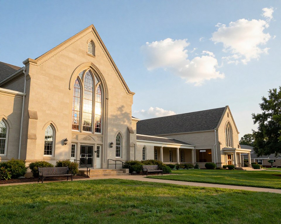 A serene view of the United Methodist Church of West Chester's facilities, showcasing the church building in the foreground with its classic architecture, large stained glass windows catching soft sunlight. In the middle ground, include a lush green lawn with benches and a pathway leading to the entrance, symbolizing welcoming community spaces. The background features a clear blue sky with fluffy white clouds, enhancing the peaceful atmosphere. The image should be captured from a low angle to emphasize the grandeur of the church. Soft, warm lighting creates an inviting mood, perfect for highlighting the amenities such as a fellowship hall visible through open doors. No people are present, ensuring the focus remains on the architecture and the inviting environment.
