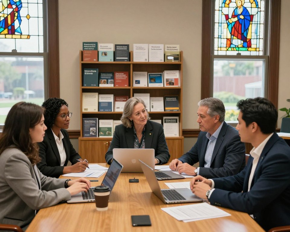 A serene, well-lit interior of a United Methodist Church office setting depicting a collaborative grant application process. In the foreground, a diverse group of four professionals, dressed in smart business attire, are gathered around a large wooden table covered with documents, laptops, and coffee cups, actively discussing their project ideas. In the middle ground, shelves filled with neatly arranged grant resources and booklets showcase the various funding opportunities. The background features large windows allowing soft, natural light to filter in, illuminating stained glass artworks, adding a sense of warmth and inspiration to the scene. The atmosphere is focused and collaborative, embodying a spirit of community and dedication to helping others through church-funded initiatives.