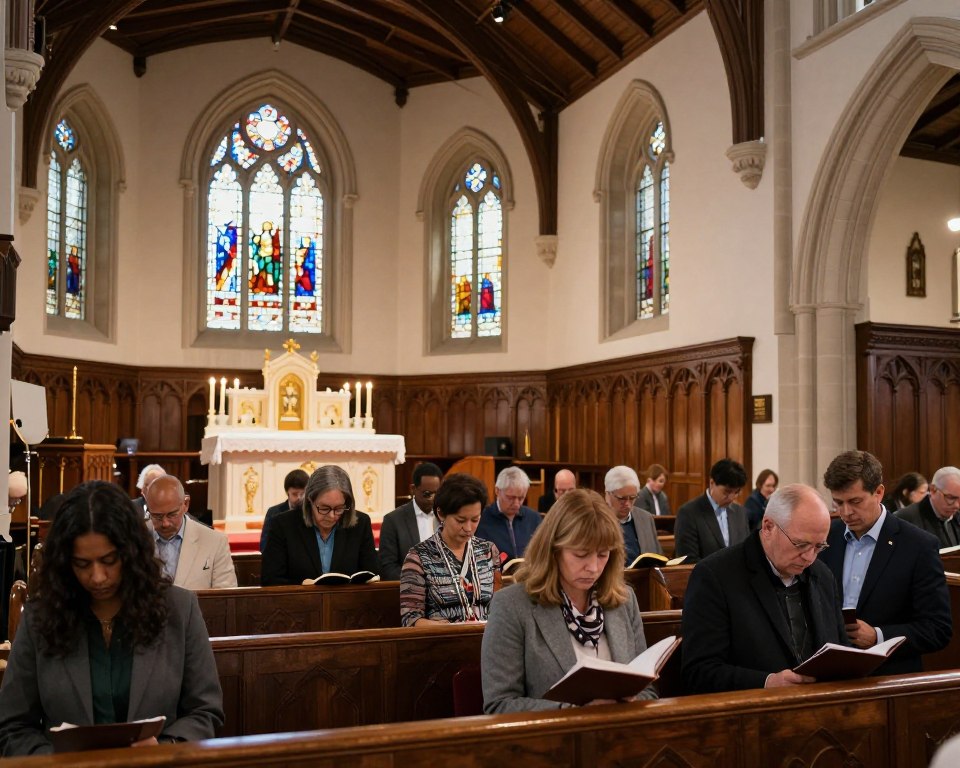 A serene worship service inside a historic Presbyterian church in New York. In the foreground, a diverse group of worshipers, dressed in professional business attire and modest casual clothing, are seated and engaged in prayer, some with heads bowed and others with open hymnals. In the middle, a beautifully decorated altar featuring traditional religious symbols, soft candles illuminating the space, and stained-glass windows casting colorful light. In the background, the church's soaring wooden ceilings and intricate architectural details softly diffuse natural light, creating a warm and inviting atmosphere. The lens captures the scene from a slightly elevated angle, emphasizing both the reverent engagement of the congregation and the majestic interior of the church, evoking a sense of peace and spirituality.
