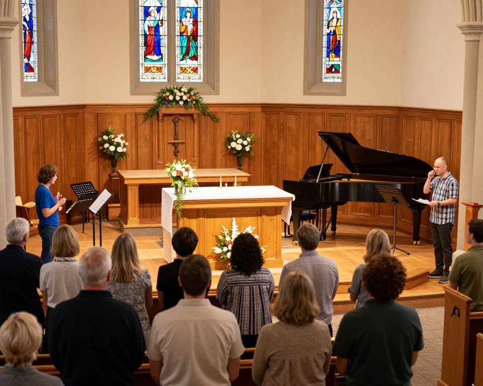 A serene worship setting inside a Presbyterian church in Jackson Hole. Foreground features a diverse group of congregation members dressed in modest, casual clothing, actively participating in a musical worship session. Middle ground showcases a beautiful wooden altar adorned with soft, natural floral arrangements, while a grand piano and music stands filled with sheet music are prominently displayed. In the background, stained glass windows filter warm, colorful light, creating a peaceful ambiance. Soft, golden lighting enhances the scene, casting gentle shadows throughout the space. The atmosphere is one of joy and reverence, with a sense of community and artistic expression in worship. Capture the image from a slightly elevated angle to showcase the congregation and the artistic elements beautifully.