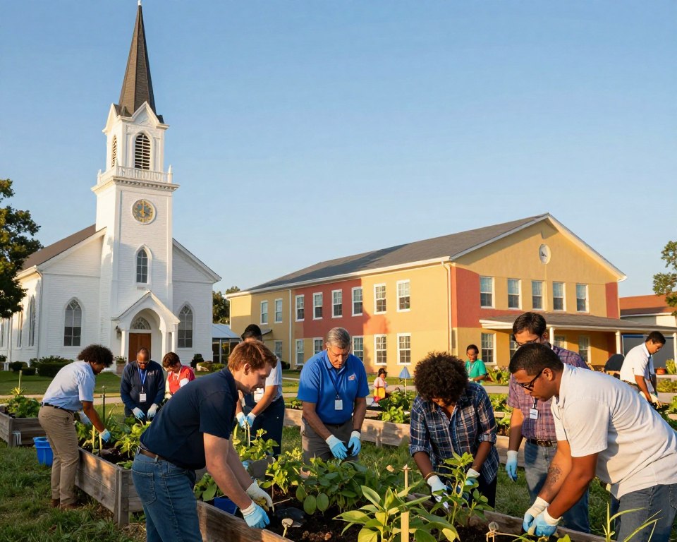 A split scene depicting the essence of community outreach between a Presbyterian church and a Baptist community. In the foreground, a diverse group of individuals, dressed in professional business attire and modest casual clothing, works hand-in-hand at a community garden, symbolizing service and cooperation. In the middle, the architectural styles of a traditional Presbyterian church with its steeple on one side and a vibrant Baptist community center on the other, showcasing different expressions of faith. The background features a sunlit blue sky, casting warm, inviting light over the scene, enhancing the sense of unity and mission. Capture a harmonious atmosphere of collaboration and shared values, focusing on positive community impact rather than competition. Use a wide-angle perspective to encompass the entire scene, emphasizing both churches and the community engagement.
