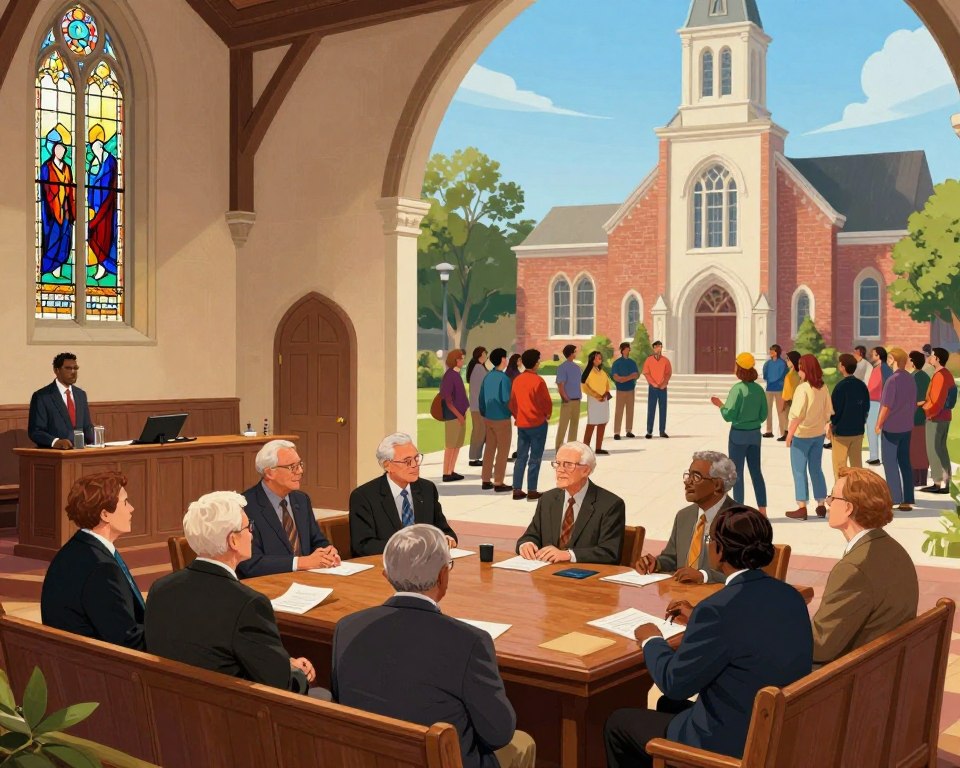 A split-scene illustration showcasing the contrasting church governance structures of Presbyterian and Baptist congregations. In the foreground, depict a traditional Presbyterian church with formal seating arrangements, a group of elders in professional attire engaged in a discussion around a large wooden table. Surrounding them, stained glass windows cast colorful light into the space, emphasizing formality. In the middle ground, show a vibrant Baptist congregation in a contemporary setting, congregation members in modest casual clothing gathered in a circle, led by a pastor, illustrating a more communal approach. The background features both church exteriors, one classic and the other modern, under clear blue skies. Bright natural lighting enhances a mood of collaboration and distinct identity, focusing on the essence of governance within each faith tradition.