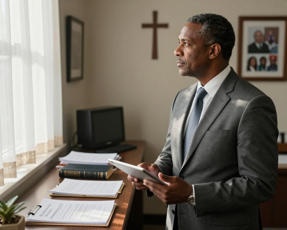 A thoughtful and professional atmosphere depicting a United Methodist Church District Superintendent in an office setting. In the foreground, a middle-aged Black man dressed in a tailored suit, holding a tablet, stands pensively looking out the window. In the middle ground, a desk cluttered with documents, a Bible, and a notepad filled with notes on church matters, reflects the challenges of leadership. The background features a softly lit office decorated with church symbols and framed photographs of the congregation. Natural sunlight filters through sheer curtains, creating a warm, contemplative mood. The angle is slightly elevated, focusing on the superintendent's thoughtful expression, emphasizing the weight of his responsibilities.