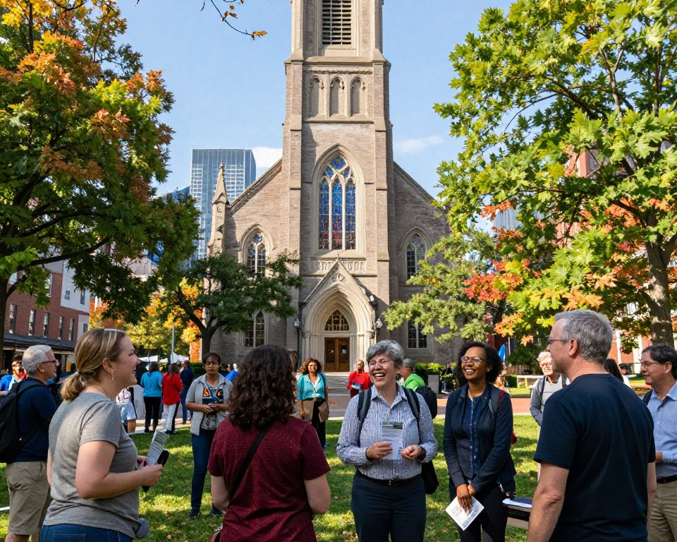 A vibrant Boston Presbyterian Church community gathering depicted in a sunlit park setting. In the foreground, diverse individuals of various ages and ethnicities are engaging in friendly conversations, some holding pamphlets and smiling energetically. The middle ground features the charming facade of a historic Presbyterian Church with tall stained-glass windows and a welcoming entrance. Surrounding the church are lush green trees hinting at the early signs of autumn, with colorful leaves gently scattered around. In the background, the Boston skyline is visible under a clear blue sky, adding an urban touch. The scene is filled with warmth and friendliness, conveying a sense of community and inclusion, captured with a wide-angle lens to enhance the inviting atmosphere. Soft, natural lighting enhances the vibrant colors and lively interactions.