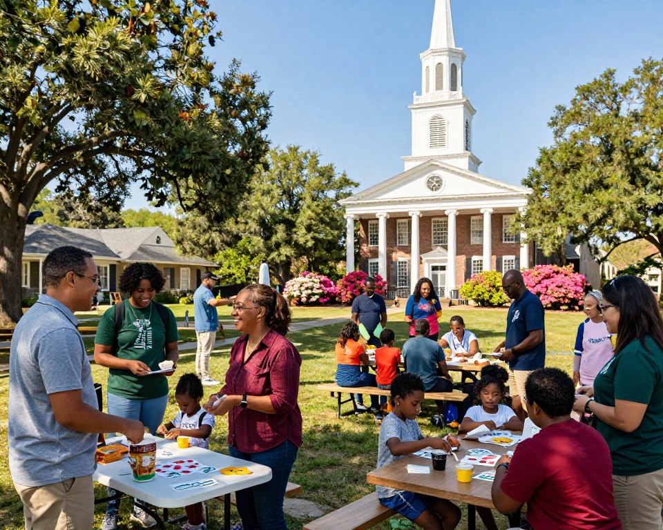 A vibrant Charleston church community gathering outdoors under a clear blue sky. In the foreground, a diverse group of individuals and families dressed in modest casual clothing are engaged in various fellowship activities, such as sharing snacks, playing games, and conversing with friendly smiles. In the middle ground, children participate in craft activities while adults serve refreshments from a picnic table. The historic church building, with its white steeple and elegant architecture, can be seen in the background, adorned with blooming azaleas and lush greenery. Warm sunlight filters through the trees, creating a welcoming, joyful atmosphere that embodies community spirit. Capture the scene with a slightly elevated angle to emphasize the gathering and the church, evoking a sense of connection and togetherness.