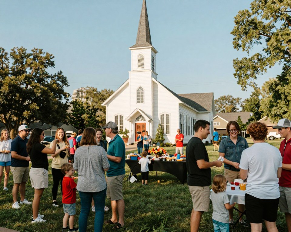 A vibrant Presbyterian church community gathering in a sunny outdoor setting. In the foreground, a diverse group of people, dressed in modest casual clothing, are engaged in joyful conversations and activities, such as children playing and adults sharing food. In the middle ground, tables are set up with colorful flowers and refreshments, fostering a sense of fellowship. The background features a charming, traditional Presbyterian church with a steeple, surrounded by trees and a clear blue sky. Soft, warm lighting creates a welcoming atmosphere, and the point of view is slightly elevated, showcasing the lively interactions and community spirit. The mood is uplifting and inclusive, embodying the essence of community through shared experiences.