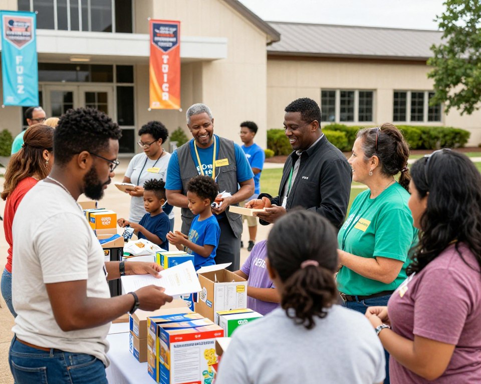 A vibrant Presbyterian church community in Dallas, TX, engaged in a community outreach initiative. In the foreground, a diverse group of individuals, including men, women, and children of different ethnicities, wearing modest casual clothing and professional attire, are interacting warmly as they distribute food and educational materials. In the middle ground, a smiling pastor encourages volunteers and families to take part in various activities, creating an atmosphere of unity and compassion. The background features a welcoming church building with inviting banners and greenery, under soft daylight that enhances the warm, community-focused mood. The angle is slightly elevated, capturing the joyful interactions and sense of togetherness, with a subtle depth of field to draw focus on the participants.
