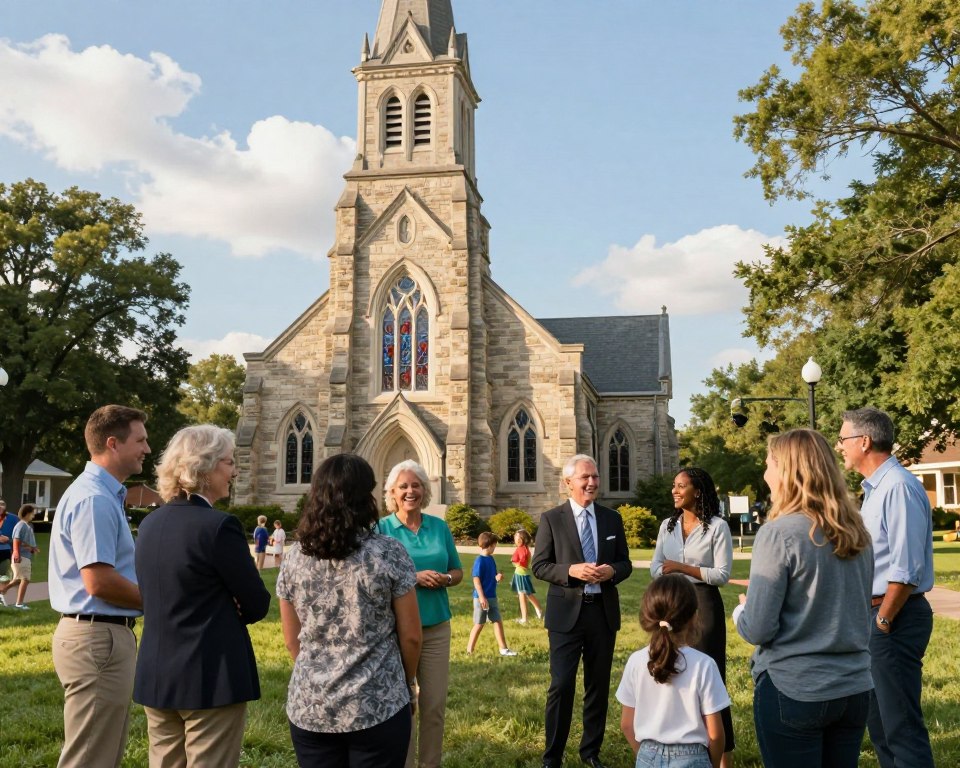 A vibrant Presbyterian church community scene in a suburban setting during a sunny day. In the foreground, a diverse group of adults and children, dressed in professional business attire and modest casual clothing, engage in friendly conversations, sharing smiles and laughter. In the middle ground, the beautiful stone facade of a classic Presbyterian church, adorned with stained glass windows, stands tall, with children playing on the grassy lawn. The background features a clear blue sky with soft clouds, framing the church against lush green trees. Use warm, inviting lighting to create a welcoming atmosphere, captured at eye level with a wide-angle lens to emphasize the sense of community and connection. The mood is joyful and inclusive, reflecting the spirit of togetherness and faith.