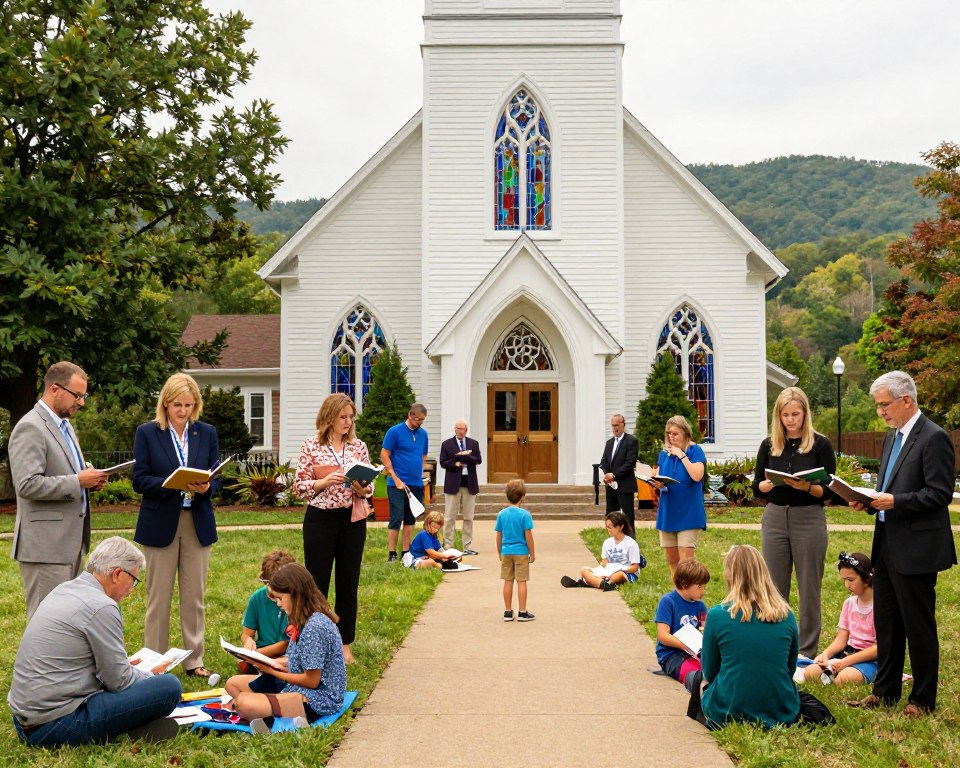 A vibrant Presbyterian church in Asheville, NC, serves as the focal point in the foreground, showcasing its distinctive architecture with stained glass windows and a welcoming entrance. In the middle ground, a diverse group of adults and children engage in various educational activities, such as reading, discussing, and participating in a workshop, all while dressed in professional business attire and modest casual clothing. The background features lush greenery and scenic Asheville hills, creating a tranquil atmosphere. Soft, natural lighting filters through the trees, enhancing the warm, inviting mood of the scene, captured with a wide-angle lens to emphasize the community spirit and engaging educational programs.