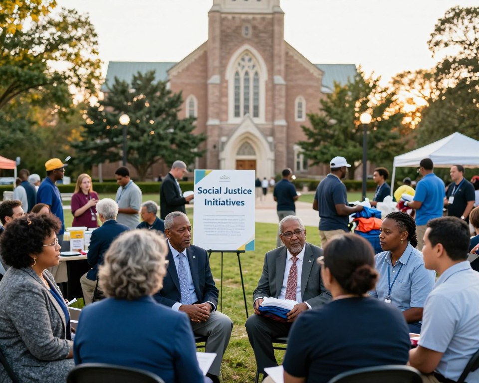 A vibrant Presbyterian church in Atlanta, bustling with activity centered around its outreach programs. In the foreground, diverse community members of various ages and backgrounds engage in discussions, dressed in professional business attire and modest casual clothing, conveying unity and collaboration. In the middle ground, a sign highlighting "Social Justice Initiatives" stands prominently, while volunteers distribute food and clothing to those in need, symbolizing compassion and service. The background features the church's historic architecture, surrounded by greenery and the warm glow of late afternoon sunlight, creating an inviting and hopeful atmosphere. The composition captures a sense of community, support, and engagement, showcasing the church’s commitment to social justice efforts. The shot is taken from eye level with a slight depth of field, focusing on the interactions within the community while softly blurring the church's details.